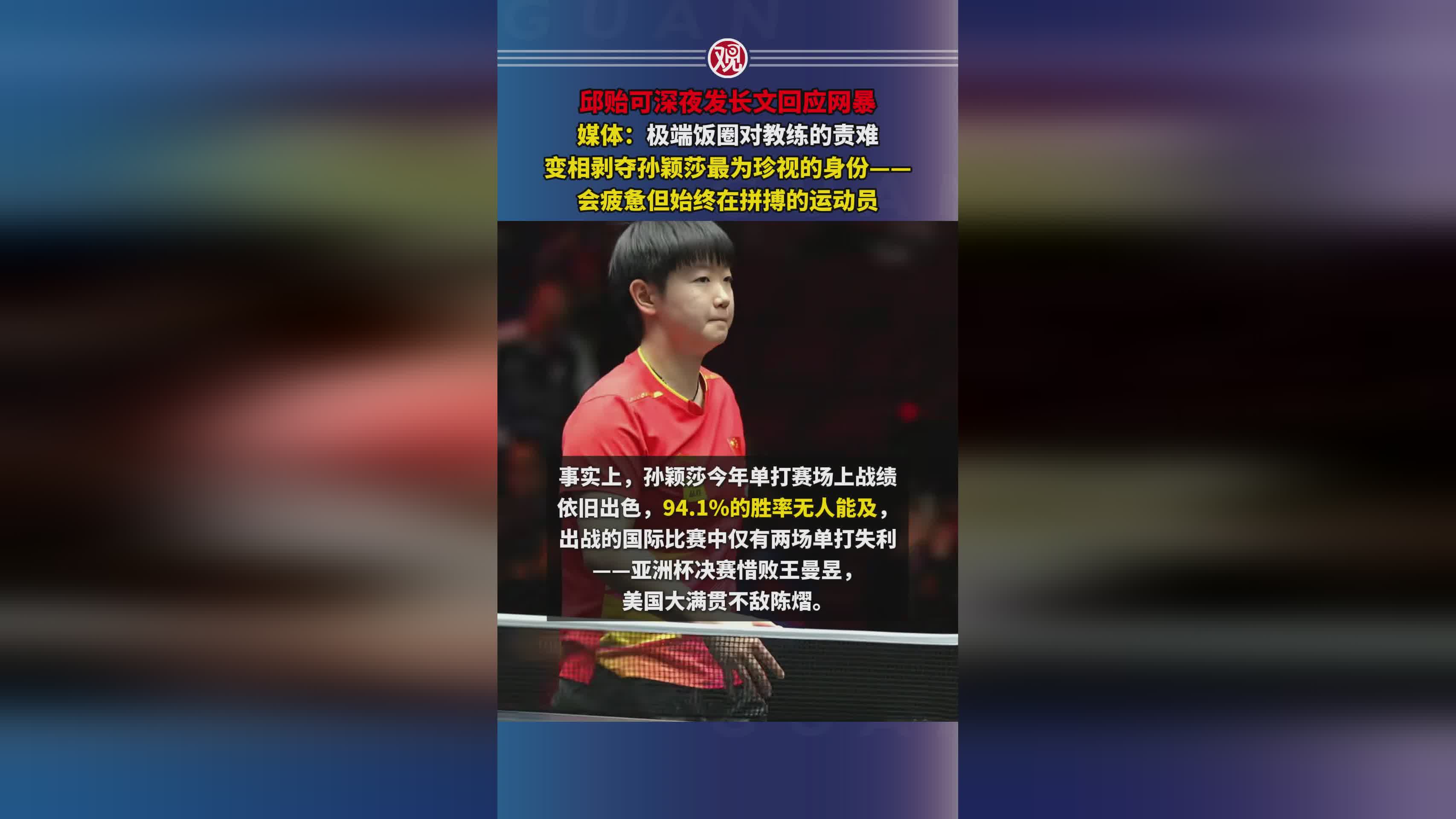 怒了！邱贻可发声回击饭圈网暴：对孙颖莎已尽力，合作3年42冠(孙颖莎直播告状邱贻可)